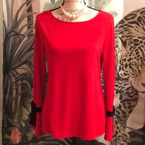 CHARTER CLUB ELEGANT RED TUNIC WITH BLACK  BOWED BELL SLEEVE SMALL
